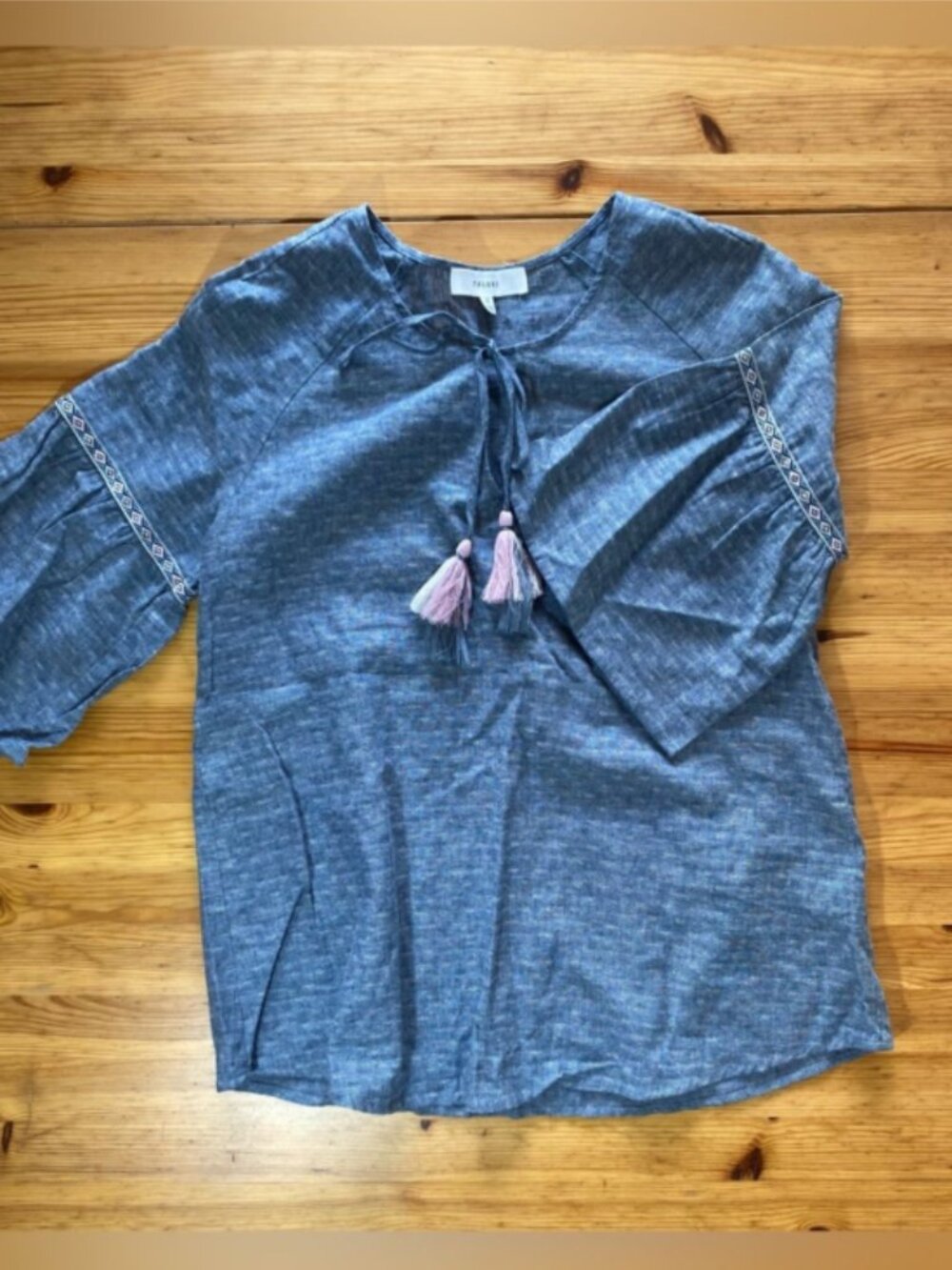 Talori Linen Embroidered Bohemian Blouse in Blue Grey Size Small - Picture 5 of 7